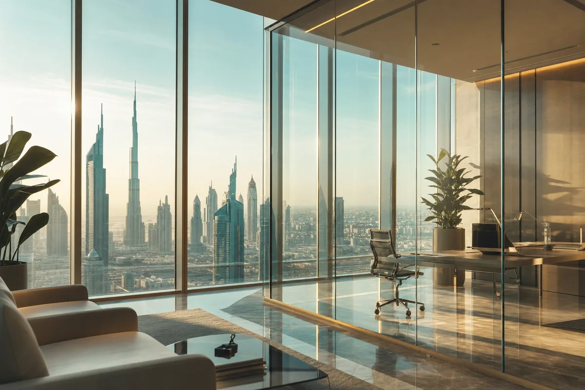Modern Dubai office with floor-to-ceiling windows overlooking the city skyline