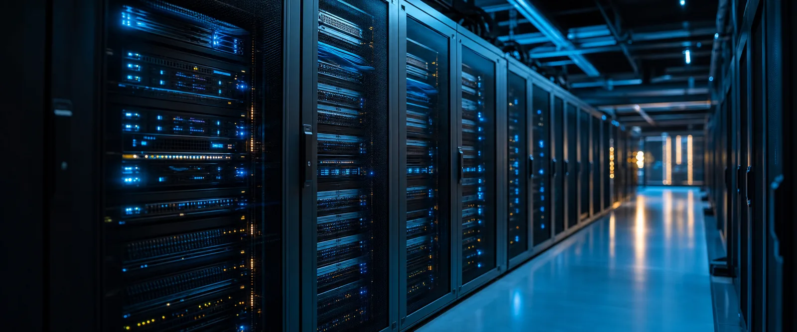 Modern data center with rows of illuminated server racks